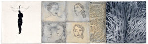 Shula Keshet, Zelophehad's Daughters, 2011. From the series "Women's Tractate A", Biblical text: Numbers Chapters 27, 36. Interpretation: Hamutal Guri. Acrylic and ink on canvas, 53 x 180 cm. Artist's collection