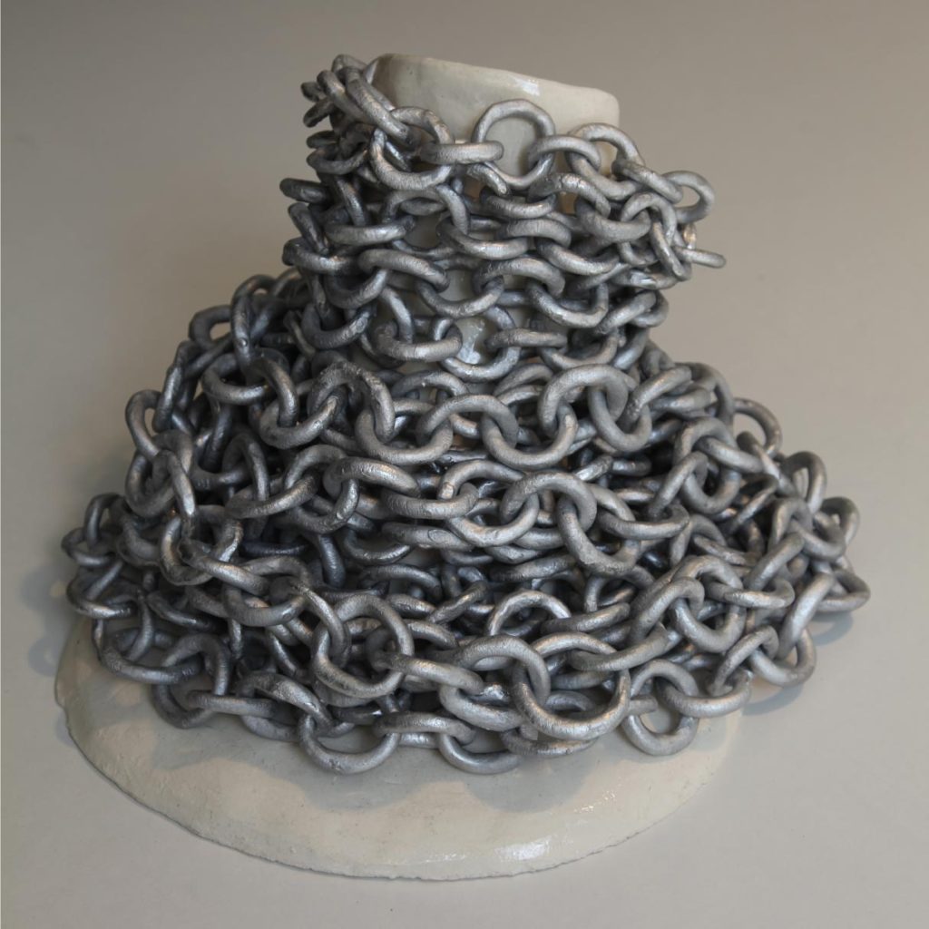 Ruth Schreiber, Aguna (Chained Woman), 2010. Hand-built earthenware, painted and glazed, 32 × 34 × 37 cm. Artist's collection